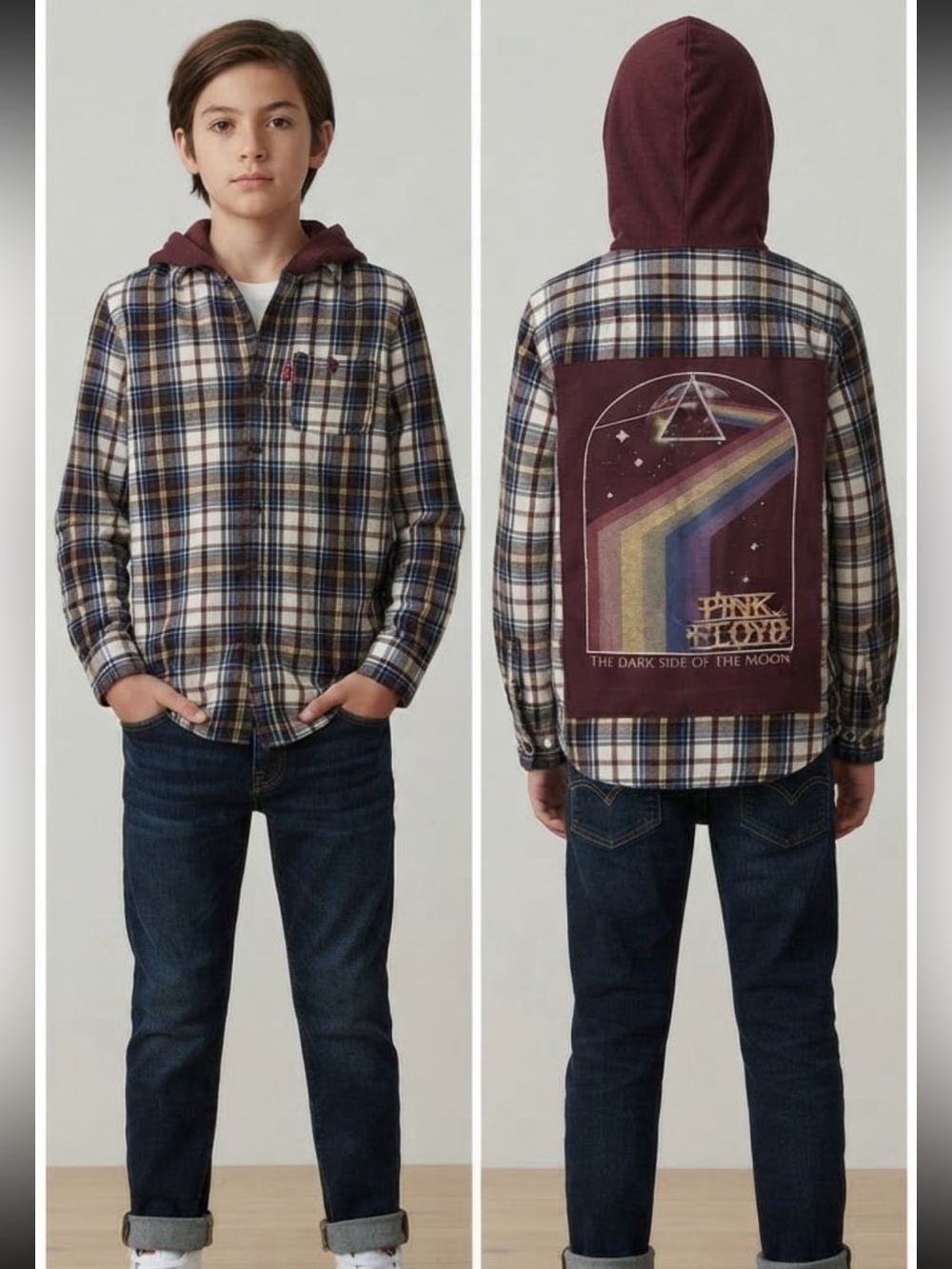 Upcycled Levi’s Kids Plaid Hooded Flannel with Pink Floyd Graphic -Large